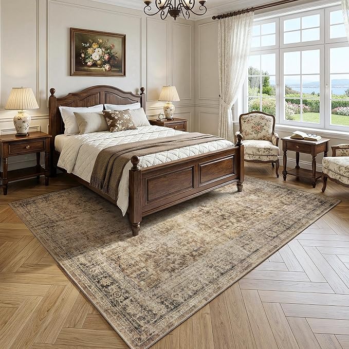 FMFUNCTEX 6x9 Washable Area Rug Brown Neutral Vintage Distressed Oriental Large Non Slip Carpet for Living Room Bedroom Traditional Retro Soft Low Pile Indoor Rugs for Dining Room Office Nursery