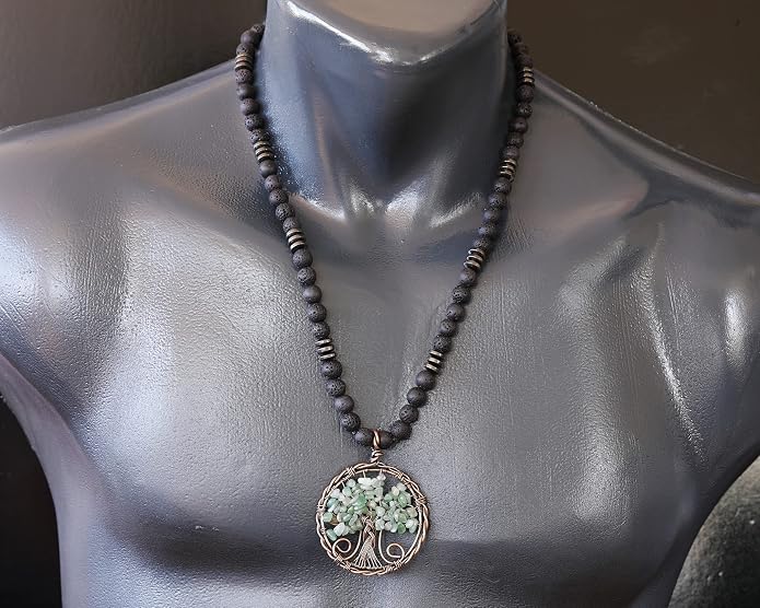 ElisaJewelryArt - Natural Labradorite Big Tree Of Life Black Lava Stone Beaded Necklace Genuine Gemstone Energy Stone Clasp Closure Necklace Unisex Necklace