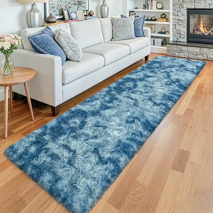 2x10 Feet Soft Fluffy Blue Runner Rug for Bedroom, Washable Plush Shag Carpet Runner for Hallway Living Room, Hallway, Nursery, Dorm, Fuzzy Bedsiluede Rug for Kids Girls Room, Home Decor