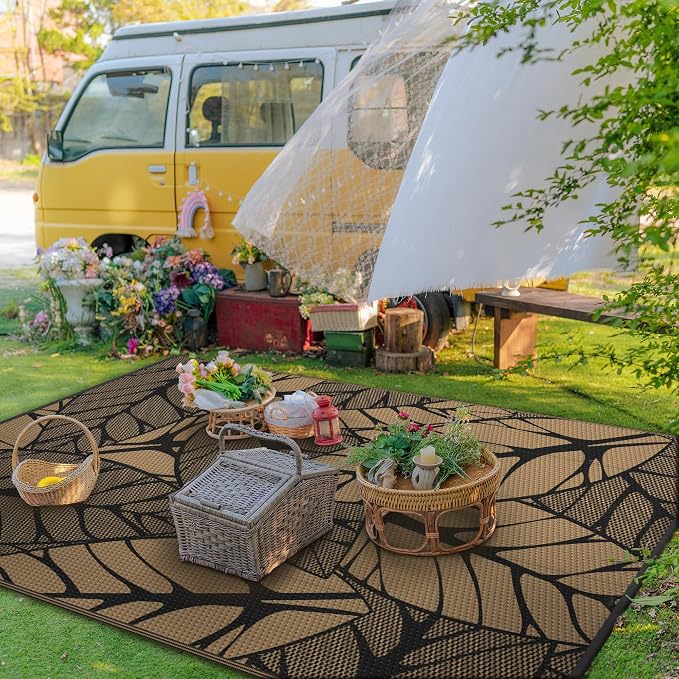 GENIMO Outdoor Rug, Waterproof Plastic Rugs for Patio, 6'x9' Onyx Brown | Outside Larger Leaf Carpet Mat for Porch Decor, Deck, Balcony, Camping, RV, Backyard, Picnic, Beach, Reversible, Foldable