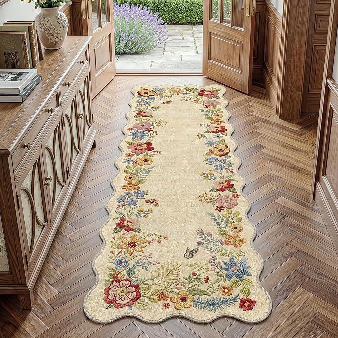 FMFUNCTEX 2x5 Hallway Runner Rug Washable Beige Floral Vintage Scalloped | Flower Colorful Traditional Boho Non Slip Low Pile Pattern Indoor Carpet Entryway Rugs Kitchen Bedroom Laundry Entry Bedside