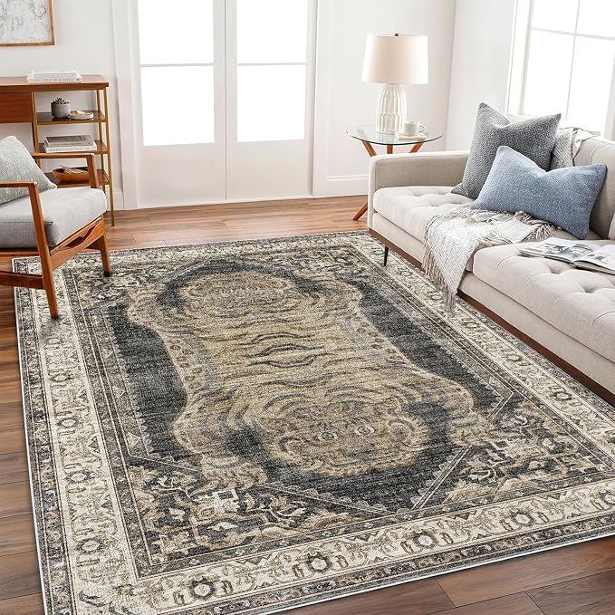 CHAMPLANT Area Rug 6'x9' Washable Vintage Traditional Floor Cover Thin Retro Kitchen Indoor Distressed Non Slip Carpet for Living Room Bedroom Dining Room