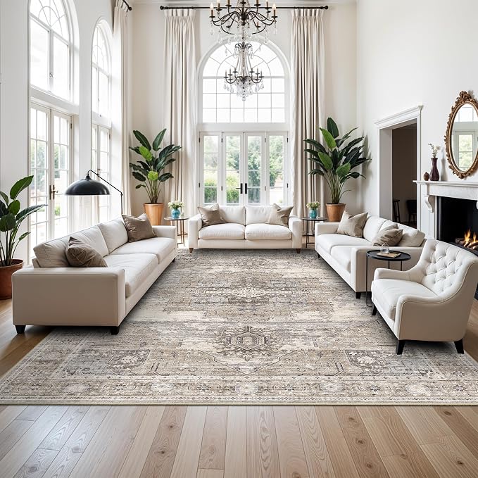 RUUGME 9x13 Large Area Rug for Living Room Vintage Oriental Washable Beige | Soft Low Pile Non Slip Non Shedding Bedroom Dining Room Office Farmhouse Easy Care