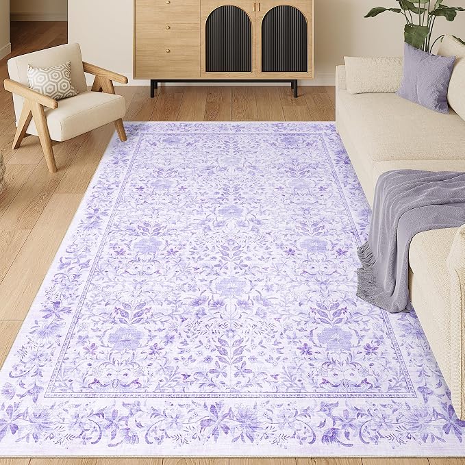 DUKINO 5x7 Area Rugs, Vintage Floral Washable Rug for Living Room, Purple | Non Slip, Low Pile, Soft, Lightweight, Boho Indoor Carpet for Bedroom, Office, Dining Room, Dorm Room, Farmhouse, Home Decor