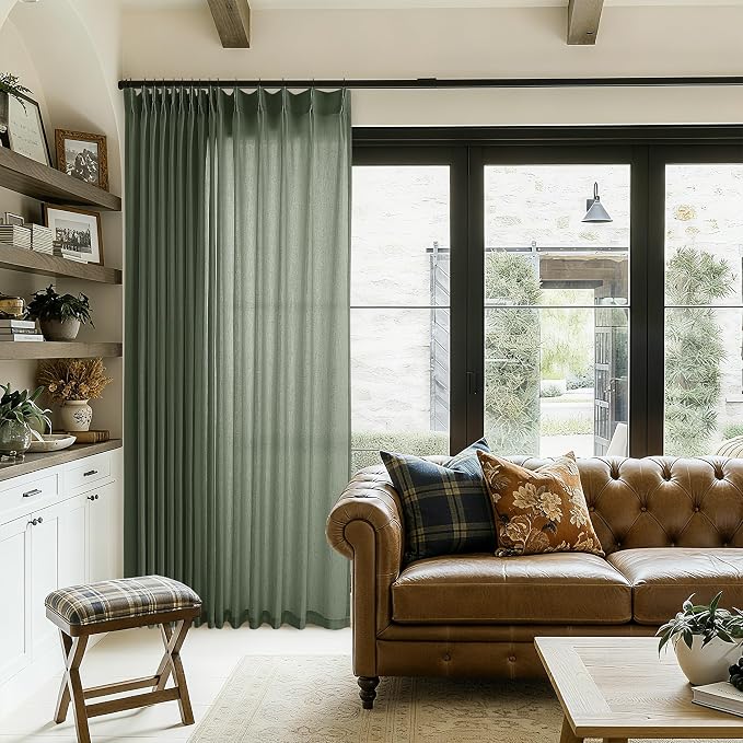 Olive Green Extra Wide Pinch Pleated 100 x 102 Inch Linen Curtains | for Living Room Patio Glass Sliding Door, Light Filtering Semi Sheer, Pleat Drape, Hooks Rings, Back Tab, 102 Inches Long