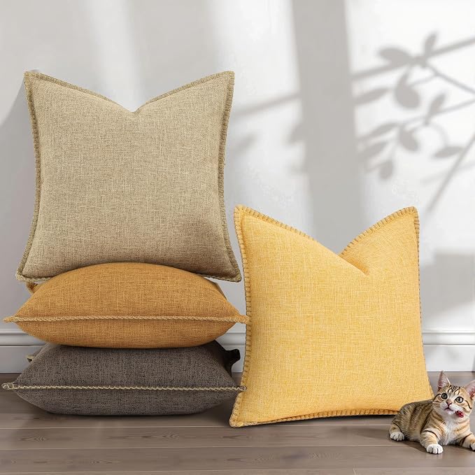 decorUhome Yellow Faux Linen Outdoor Throw Pillow Covers 18x18 Set of 2 | Fall Decorative Textured Neutral Modern Farmhouse Pillow Covers with Stitched Edge for Couch Sofa Bed Living Room