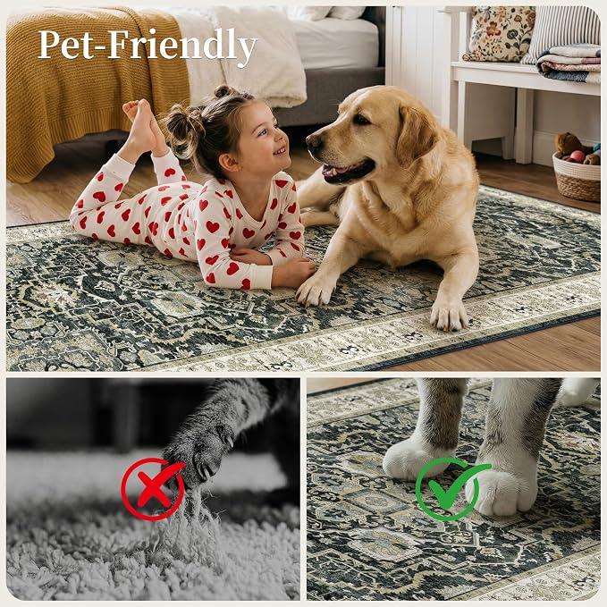 3x10 Non Slip Hallway Runner Rug - Washable Vintage Distressed Kitchen Carpet, Ultra-Thin Soft Low Pile Entryway Mat with Rubber Backing for Bedroom Living Room (Black)