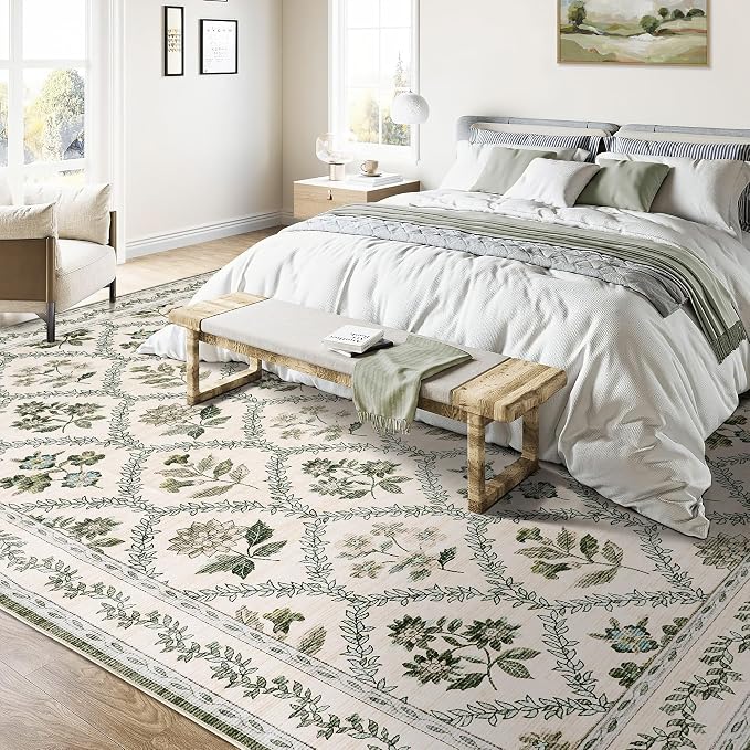 9x12 Olive Green Area Rugs Washable Rug for Living Room Big Bedroom Faux Wool Soft No Slip Floral Emerald Hunter Green and Beige Boho Vintage Extra Large Carpet for Dining Room Under Table 9x12
