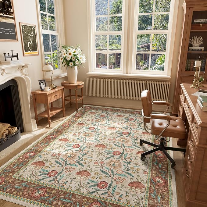 DUKINO 5x7 Area Rugs, Vintage Floral Washable Rug for Living Room, Brown | Non Slip, Low Pile, Non-Shedding, Stain Resistant Lightweight Boho Soft Carpet for Bedroom Home Office Dining Room Farmhouse