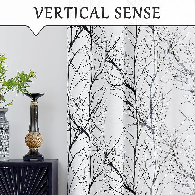FMFUNCTEX Linen Black White Semi Sheer Print Curtains 84 Inch Long 2 Panels | Branch Sheer Patterned Drapes, Light Filtering Grommet Panels for Bedroom, Living Room, Kitchen, and Farmhouse Curtain