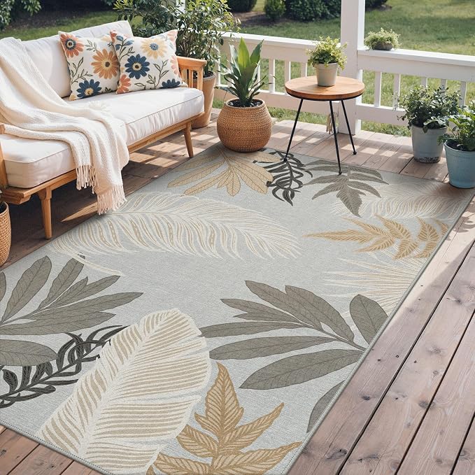 GENIMO 8x10 Outdoor Rug, Washable Quick Dry for Patio, Sand Grey | Botanical leaf design for backyard; fade resistant chenille with quick-dry non-slip backing for indoor living rooms.
