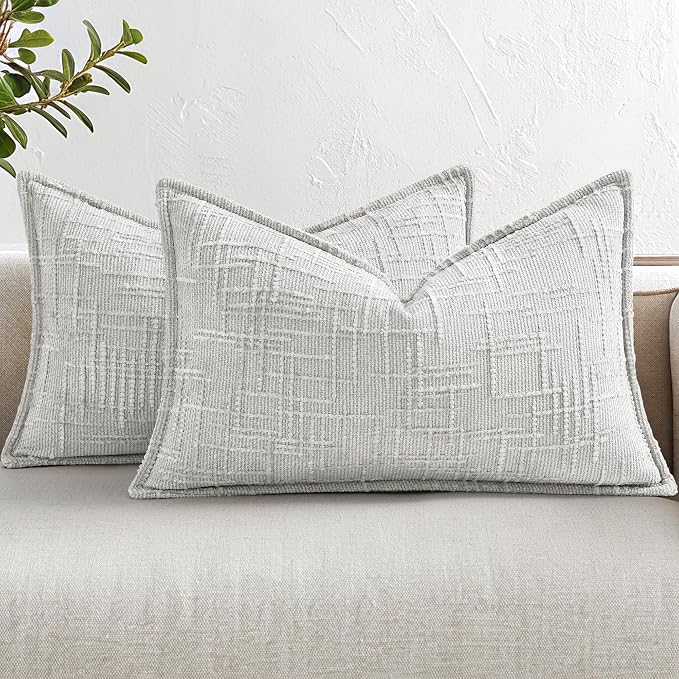 decorUhome Chenille Throw Pillow Covers 12x20 Set of 2,Light Grey | Soft Texture, Slubby Modern Design, Flange Edges, Cozy Lumbar Accent Pillow Covers for Couch, Sofa, Bed, Living Room