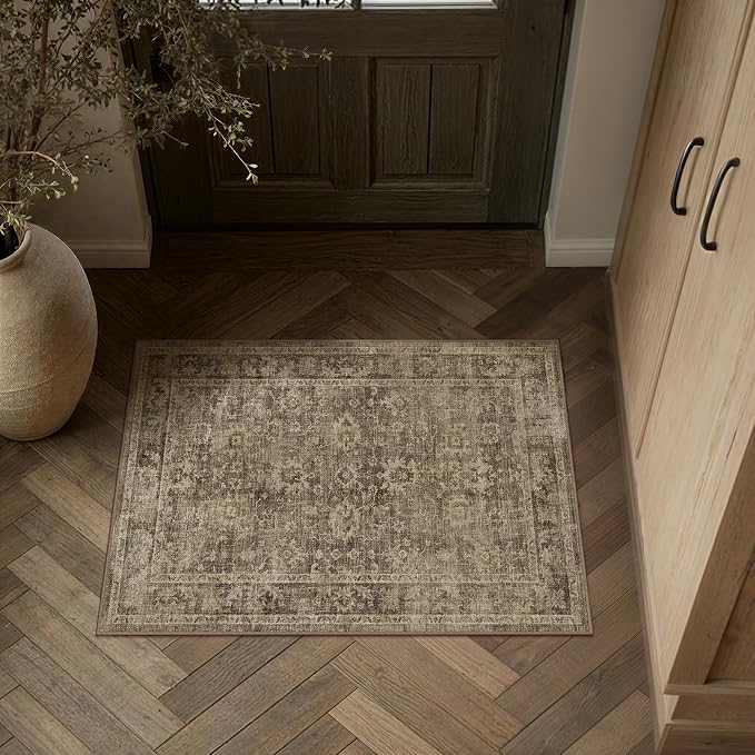 HUGEAR 2x3 Entryway Rug Brown Machine Washable Rug Room Decor Vintage Distressed Small Area Rugs Indoor Door Mat Low Pile Non Slip Carpet for Kitchen Living Bedroom Soft Lightweight