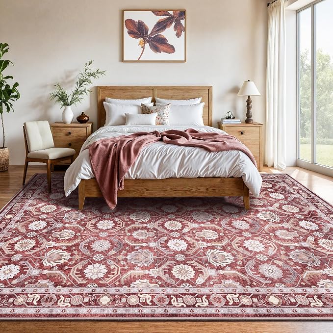 8x10 Area Rugs, Soft Non Slip Low Pile Washable Rug, Boho Modern Rug for Living Room, Bedroom, Dining Room, Red