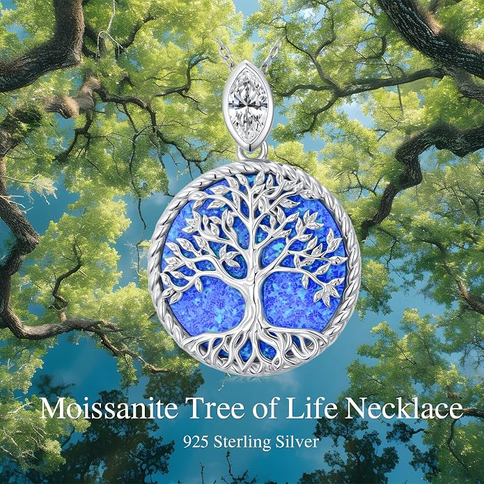 Tree of Life Moissanite Necklace, 925 Sterling Silver 0.5 Carat Moissanite Abalone Shell/Opal/Black Onyx/Turquoise/Malachite/Tiger Eye Stone Tree of Life Pendant Necklaces Jewelry Gift for Women Mom