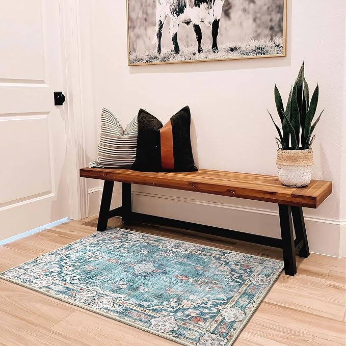 MUJOO Teal Area Rug Small Washable Rugs Non Slip Low-Pile 2'x3' Flowers | Machine Washable Throw Carpet for Entryway Kitchen Bathroom Bedroom Boho Soft Indoor Vintage Floral Blue Colorful