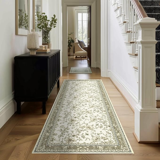 Greyish Beige Runner Rugs 2x6 for Hallway Kitchen Bedroom Beside Laundry Room Bathroom Rug Boho Modern Washable Non Slip Low Pile Stain ResisTaupet Soft Long Carpet Mat Khaki Taupe Floral Pattern