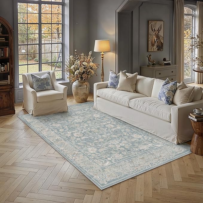 5x7 Blue Washable Area Rug Non Slip Retro Distressed Carpet | Soft Low Pile, Lightweight Foldable, Pet Friendly, Living Room, Bedroom, Dining Room, Classroom, Playroom