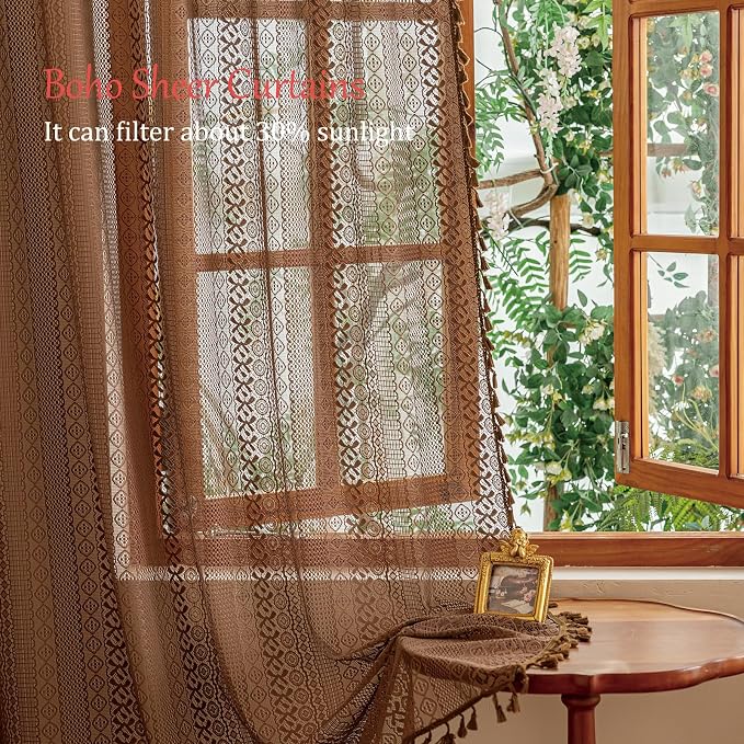 Sutuo Home Caramel Boho Curtains 2 Panels, Sheer Lace Curtains 90 Inches Long for Bedroom Kitchen Bohemian Crochet Vintage Tassels Window Treatments Rustic Geometry Rod Pocket, 50" x 90" Dark Coffee