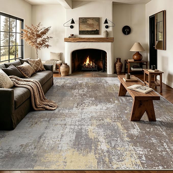 8x10 Rugs for Living Room - Modern Abstract Washable Rug, Ultra Soft Non Slip Low Pile Large Rugs, Floor Carpet for Bedroom Dining Room Office Laundry Nursery Home（Taupe）