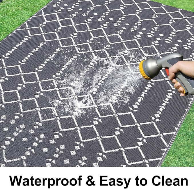 Smiry Outdoor Rug 5x8 ft, Waterproof Reversible Plastic Straw Rugs, Boho Outdoor Area Rug, Outside Floor Mat for Patio, Backyard, Deck, Picnic, Beach, Camping, Grey