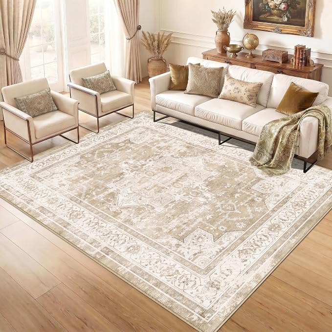 10x12 Area Rug for Living Room-Vintage Farmhouse Boho Floral Neutral Washable Stain Resistant Indoor Carpet for Bedroom Office and Home Decor(Beige&Brown)