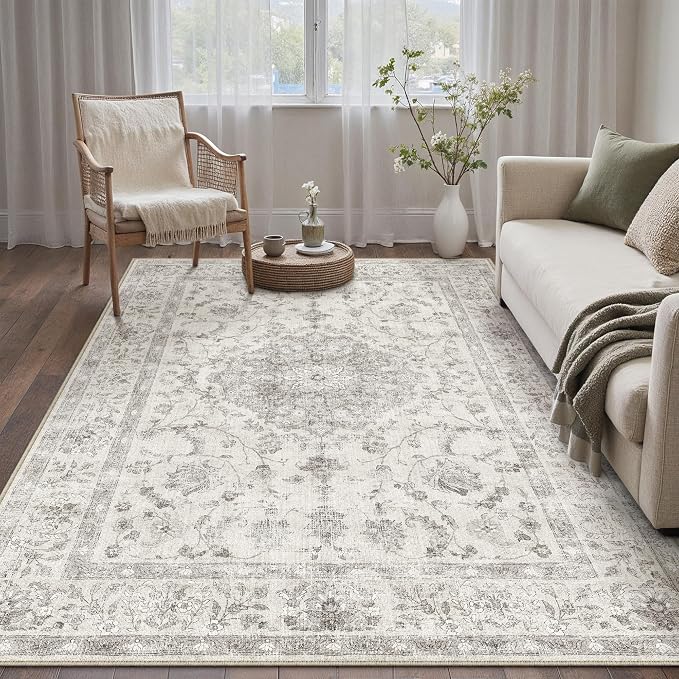 PureCozy 4x6 Washable Small Area Rug Gray Vintage Oriental Retro | Non Slip, Soft Low Pile, Indoor Carpet for Entryway, Kitchen, Apartment Living Room, Bedroom