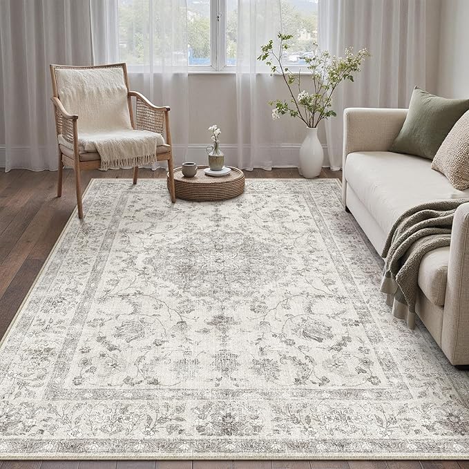 PureCozy 3x5 Washable Small Area Rug Gray Vintage Oriental Retro | Non Slip, Soft Low Pile, Indoor Carpet for Entryway, Kitchen, Bathroom