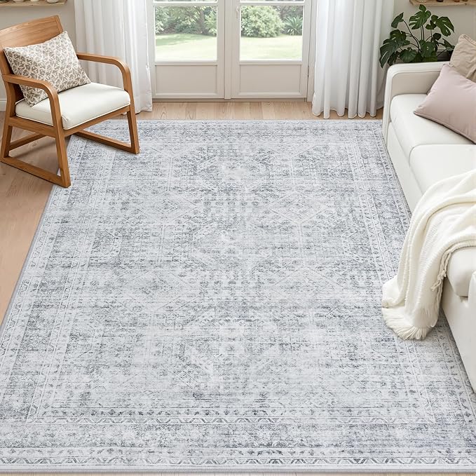 4x6 Area Rugs for Living Room: Vintage Boho Neutral Washable Rug Indoor Soft Large Area Rug Carpet for Bedroom Nursery Farmhouse Dining Room Office Floor Non-Slip Low Pile Under Table Rug Gray