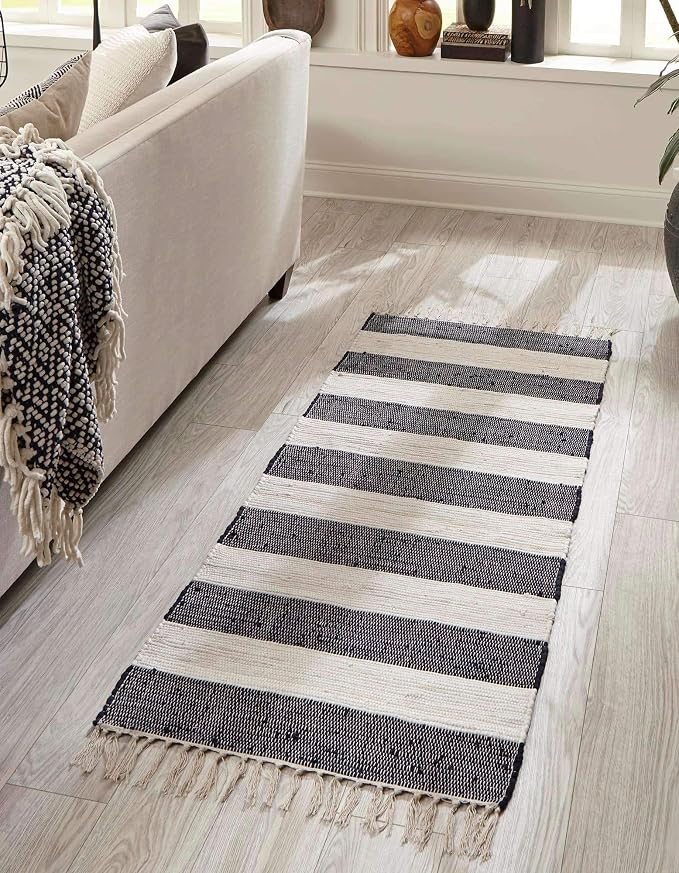 Unique Loom Chindi Rag Collection Area Rug - Striped (2' 2" x 12' 2" Runner, Navy Blue/ Ivory)