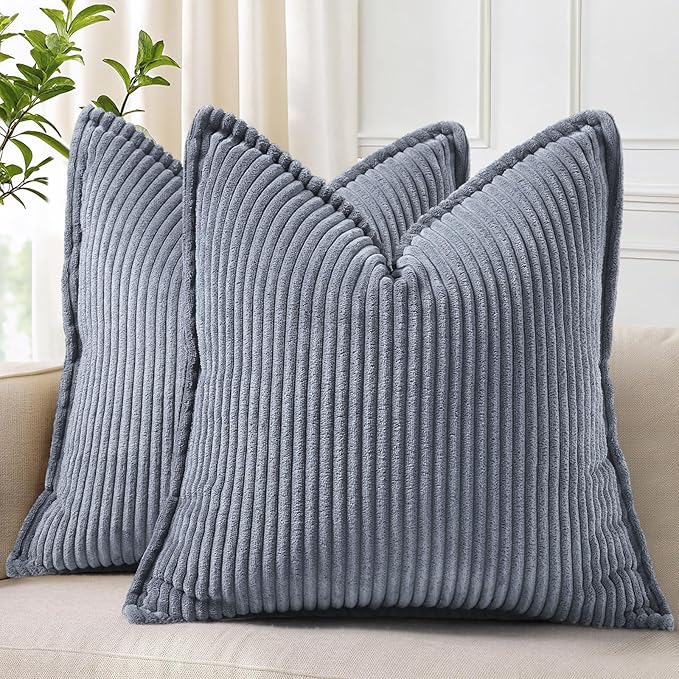 decorUhome Fall Corduroy Blue Grey Throw Pillow Covers 18x18 Set of 2 | Couch Decorative Soft Modern Boho Farmhouse Pillow Covers Broadside Striped Pillow Cases for Living Room Bed Sofa