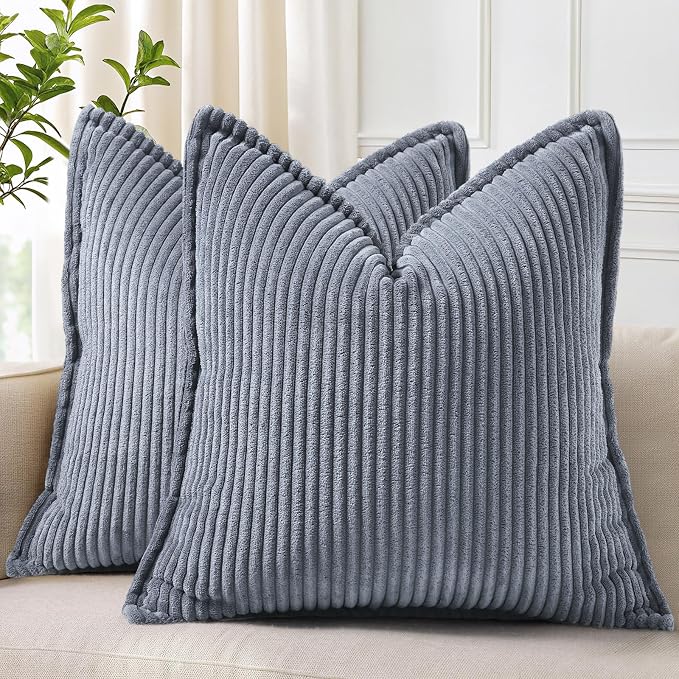 decorUhome Fall Corduroy Blue Grey Throw Pillow Covers 22x22 Set of 2 | Euro Sham Couch Decorative Soft Modern Boho Farmhouse Pillow Covers Broadside Striped Pillow Cases for Living Room Bed Sofa