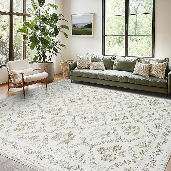 Sage Green and Cream Rug 9x12 Living Room Machine Washable Area Rugs Vintage Boho Farmhouse Floral Extra Large for Bedroom Non Slip Soft Faux Wool Carpet for Dining Room Playroom Floor Covering