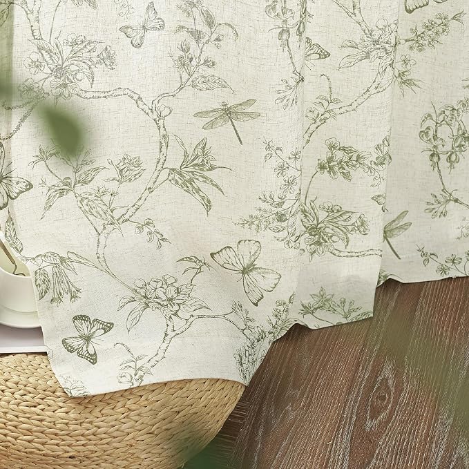 Lazzzy Charlotte Farmhouse Linen Curtains Green Floral Curtains 108 Inch Length Extra Long Drapes for Living Room Bedroom Light Filtering Country Vintage Rod Pocket Curtain, 2 Panels, Green on Beige