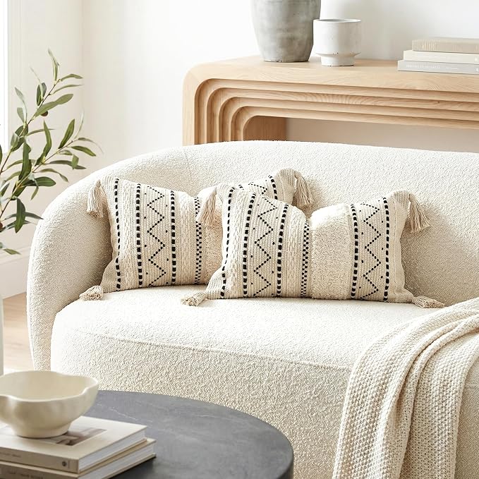 BlissBlush Decorative Lumbar Throw Pillow Covers 12x20 Combo Set of 2 Rectangular Boho Accent Pillowcase Black Neutral Farmhouse Cushion for Couch Sofa Bedroom Living Home Décor Cover ONLY