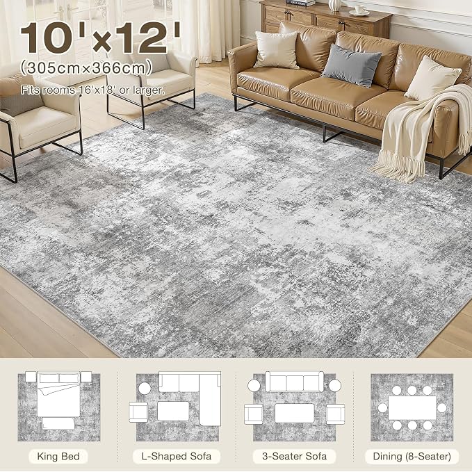 10x12 Large Area Rugs for Living Room, Washable Soft High-Low Pile | Neutral Modern Abstract Carpet, Non Slip Lightweight Made for Dining Room, Nursery, Home Office Indoor Decor - Gray