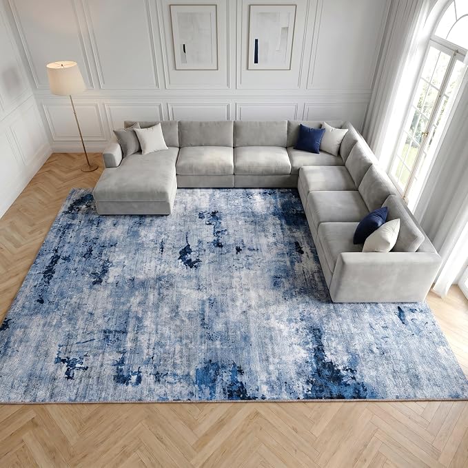 Large Washable Area Rug for Hardwood Floors, 8'x10', Navy Blue | Low Pile, Spill-Proof, Stain Resistant, Pet Friendly, Modern Abstract, High Traffic, Non-Slip Backing, 100% Cotton-Backed