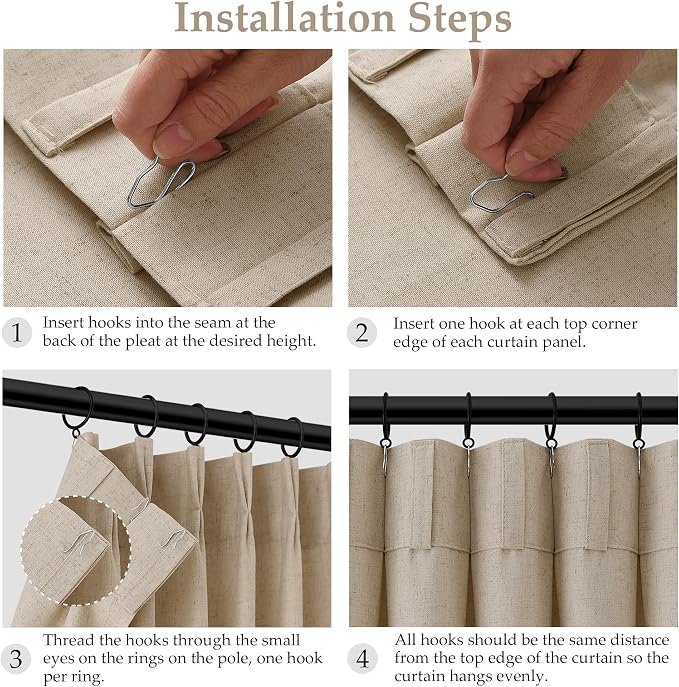 Eggshell Beige Extra Long Linen Pinch Pleated Curtains 108 Inches Long for Living Room Pinch Pleat Drape Hooks Rings Back Tab Semi Sheer Light Filtering Curtain for Bedroom Patio Door 2 Panels 40x108