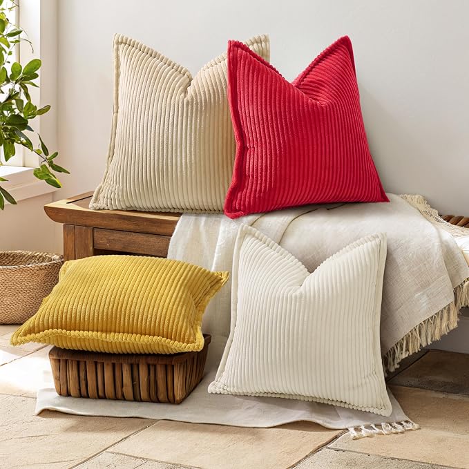decorUhome Fall Corduroy Red Throw Pillow Covers 18x18 Set of 2 | Couch Decorative Soft Modern Boho Farmhouse Pillow Covers Broadside Striped Pillow Cases for Living Room Bed Sofa