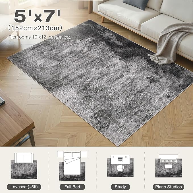 DMOYEST 5x7 Area Rug - Washable & Non Slip Indoor Rug for Living Room, Kid & Pet Friendly Abstract Low Pile Soft Carpet for Bedroom and Dining Room - Dark Grey Blue