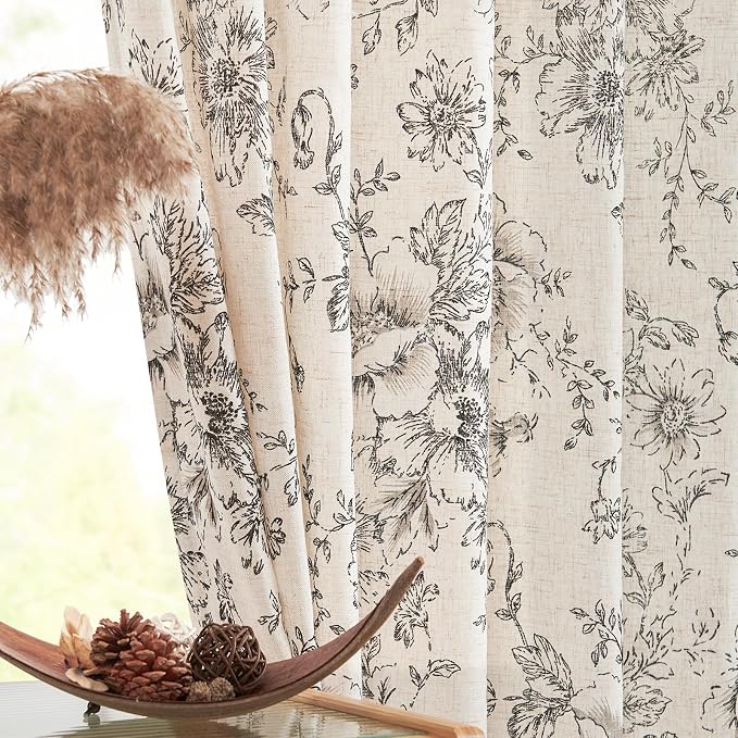 jinchan Black Floral Linen Curtains Lined 84 Inch Vintage Back Tab 2 Panels | Privacy lining, light filtering drapes, vintage, cottagecore, french country, rustic, bedroom, living room, window treatment