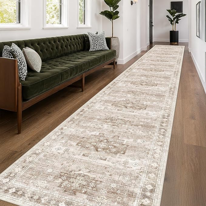 Hazo Haus Washable 3x20 Extra Long Runner Rug for Hallway, Waterproof Large Kitchen Floor Rug, Non-Slip Stain & Fade Resistant, Vintage Farmhouse Floral Décor (3x20 Beige/Latte)