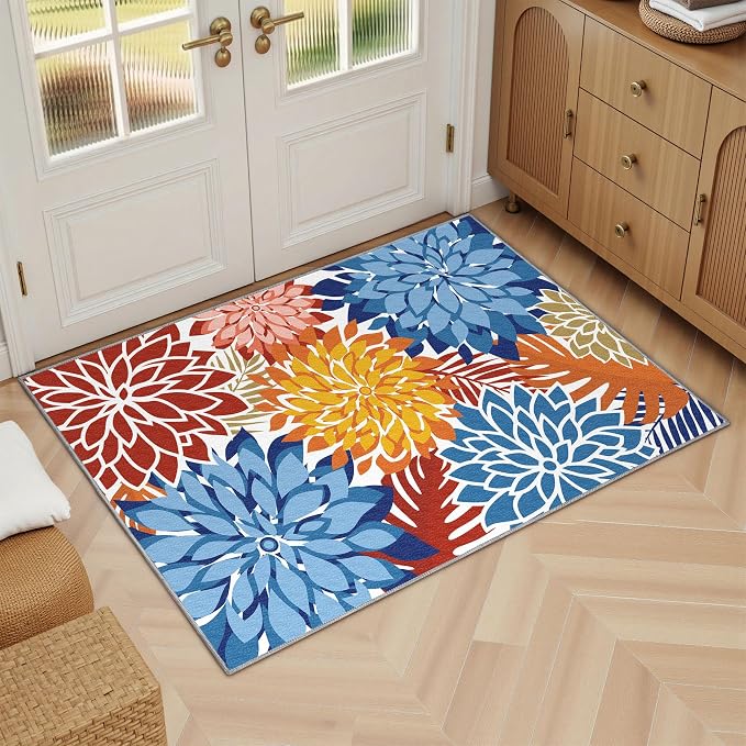 Arenarug 2x3 Colorful Washable Small Rug Tropical Botanical Modern Floral Indoor Chenille Door Mat Carpet Non Slip for Patio, Entry Way, Entrance, Porch, Vivid Dahlia