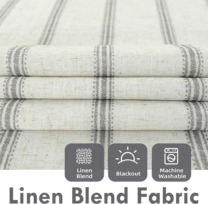 DriftAway Farmhouse Stripe Blackout Curtains, W52xL96, Gray | Blackout, Linen Texture, Stripe Pattern, Rod Pocket & Back Tab, Two Layers, Bedroom Living Room Use, Sound Reducing Design