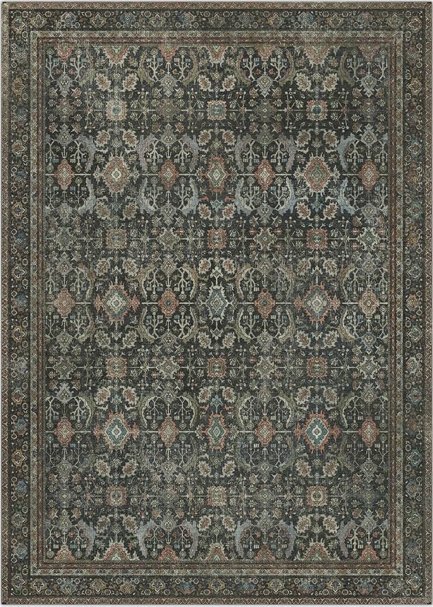 BESBLEE 10X14 Area Rugs Machine Washable Rugs for Living Room, Vintage Boho Large Rugs for Bedroom Dining Room, Non Slip Indoor Soft Distressed Lightweight Thin Low Pile Carpet, Black