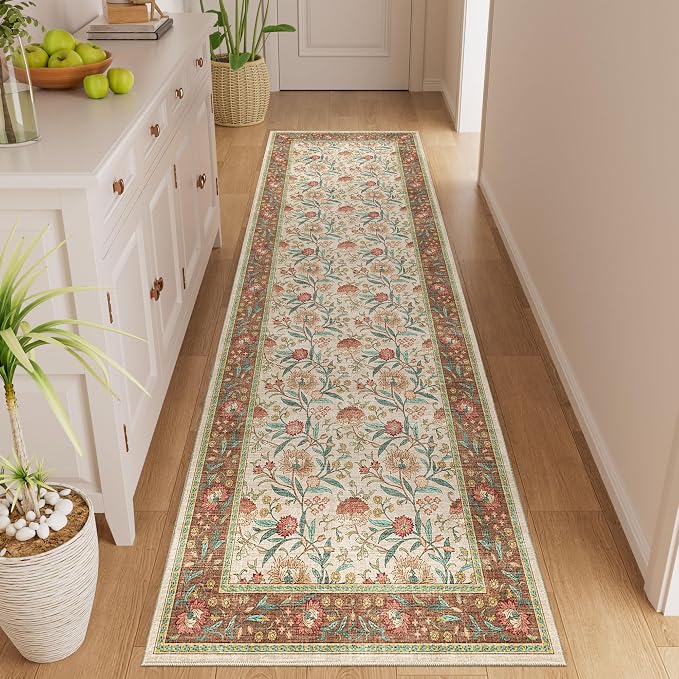 DUKINO 2x6 Runner Rug, Washable Vintage Floral Kitchen Rug, Brown | Non Slip, Low Pile, Non-Shedding, Stain Resistant Soft Carpet Runner for Hallway Bathroom Entryway Bedroom Laundry Farmhouse
