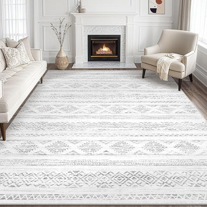 Tortania Area Rug Living Room Rugs - 8x10 Washable Large Soft Neutral Boho Moroccan Bohemian Farmhouse Rug Indoor Floor Carpet for Bedroom Under Dining Table Home Office Decor - Ivory Gray