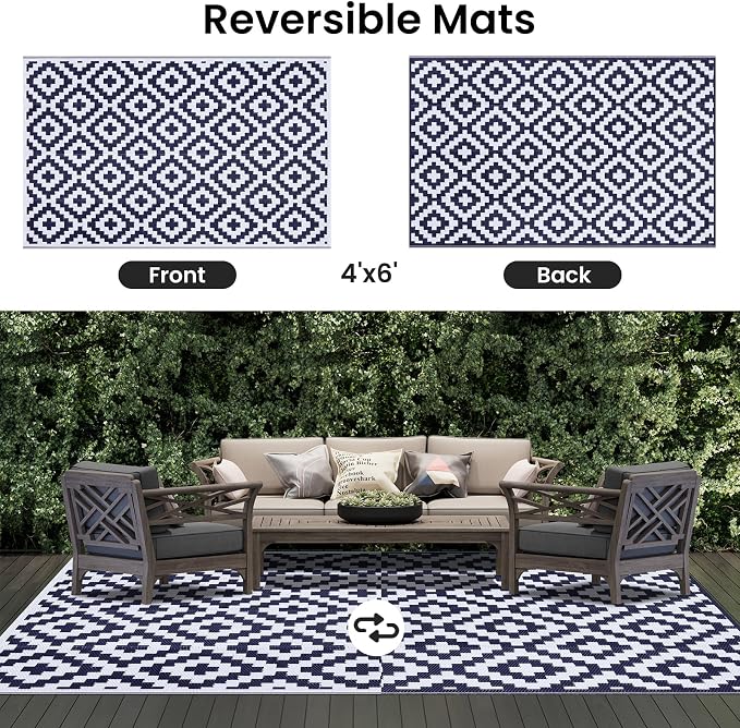 Smiry Waterproof Outdoor Rug 4x6 ft, Reversible Plastic Straw Patio Camping Rugs, Outdoor Indoor RV Mat Carpet for Patio, Outside Entry, Backyard, Deck, Bench, Picnic, Camper, White & Navy