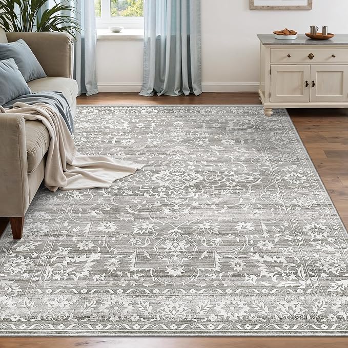 Soalmost 6x9 Area Rugs for Living Room, Washable Bedroom Soft Rug Grey | Vintage Floral Non-Slip Low Pile Stain Resistant Throw Large Neutral Carpet for Dining Room Kitchen Home Office Nursery 6'x9'