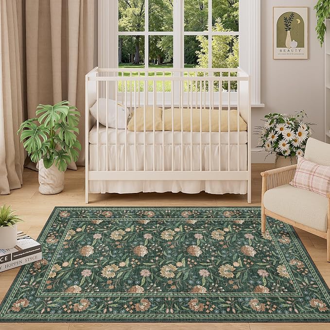 DUKINO 3x5 Rug, Washable Vintage Floral Bedroom Area Rug Non Slip, Green | Low Pile, Non-Shedding, Stain Resistant Boho Lightweight Soft Indoor Carpet for Bathroom Office Dining Living Room Farmhouse